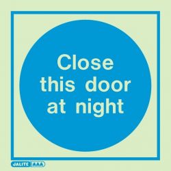 Jalite 5123A Photoluminescent Close This Door At Night Sign - Rigid PVC - 100 x 100mm