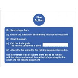 Fire Action Sign For Caravan Sites - Rigid PVC - 200 x 150mm - 11404E